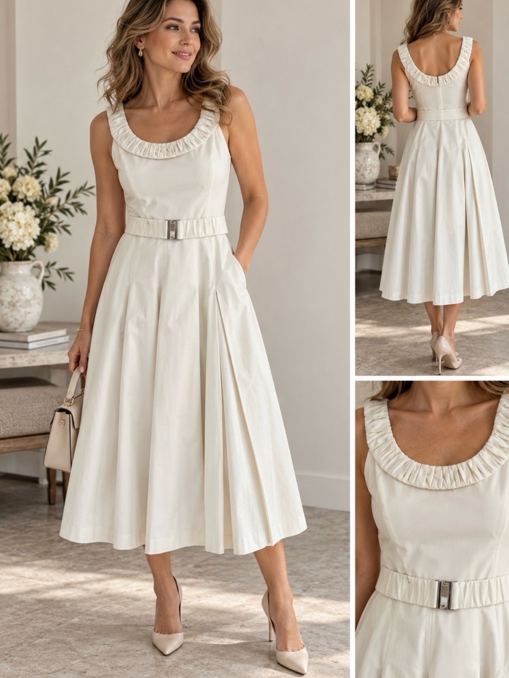 Calvin Klein Cream Ruffle-Neck Midi Dress with Belted Waist size 6